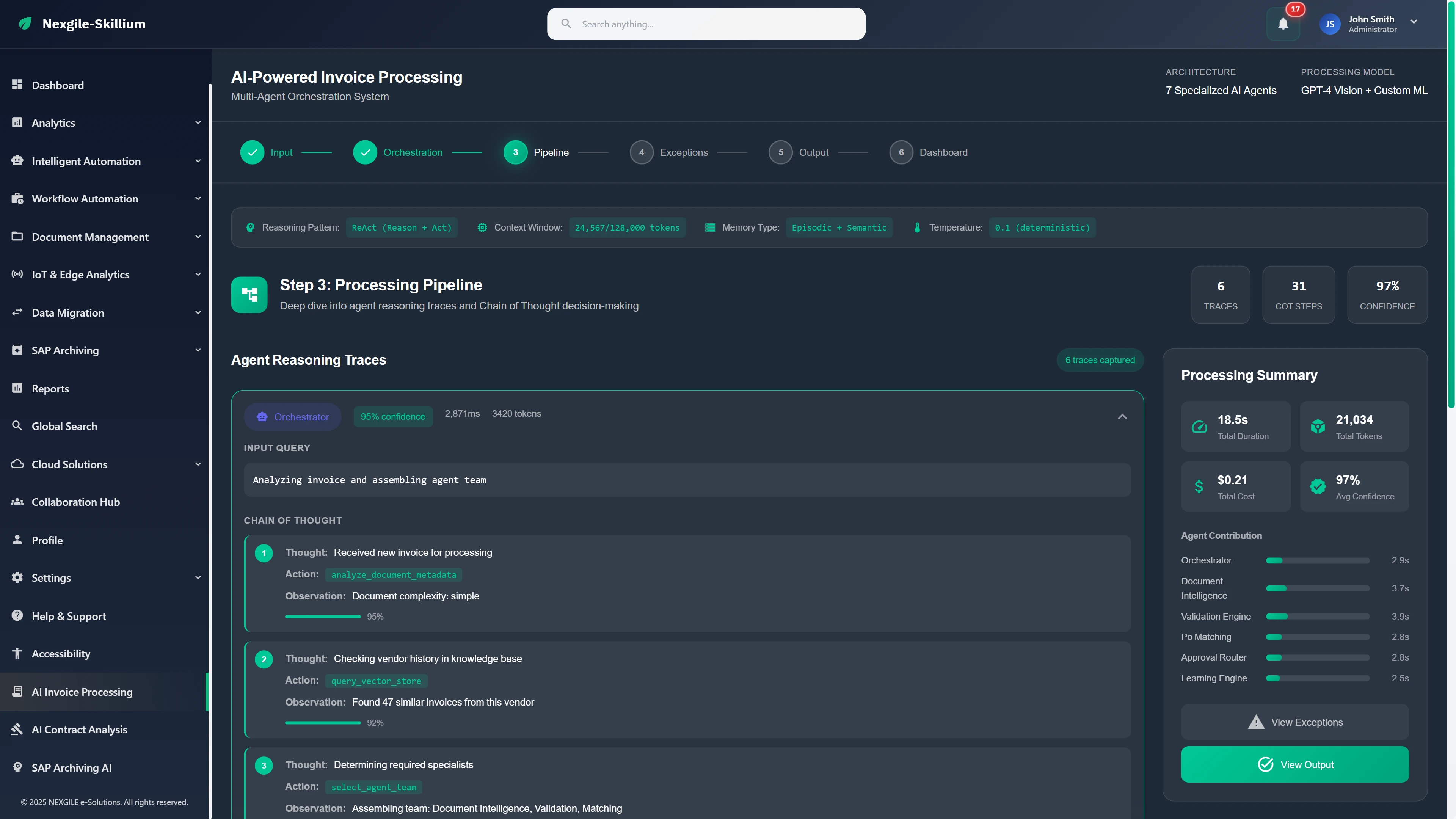Processing Pipeline & Reasoning - Chain of Thought visualization with agent reasoning traces, processing metrics, and confidence scores